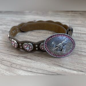 Nocona Buckles pink heart bling Brown Leather Belt with Silver Buckle sparkle